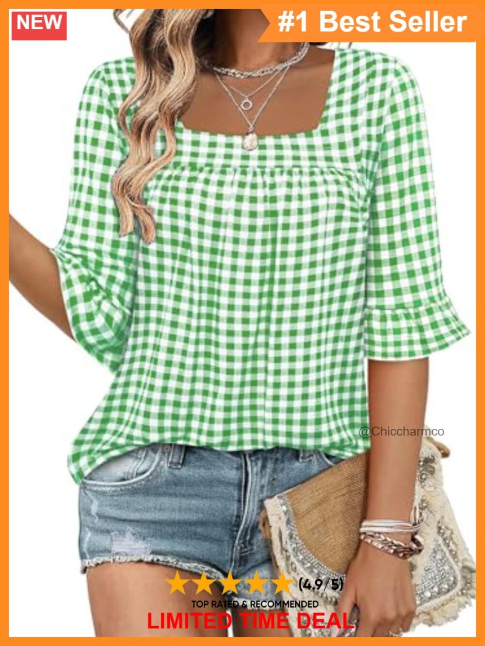 Women's 3/4 Sleeve Square Neck Ruffle Tunic Blouse Dressy Casual Vacation Top